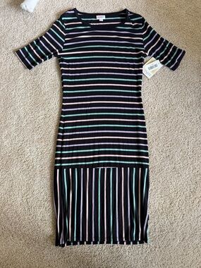 LuLaRoe Black Midi Dress with Mint, Purple, and Light Pink Stripes